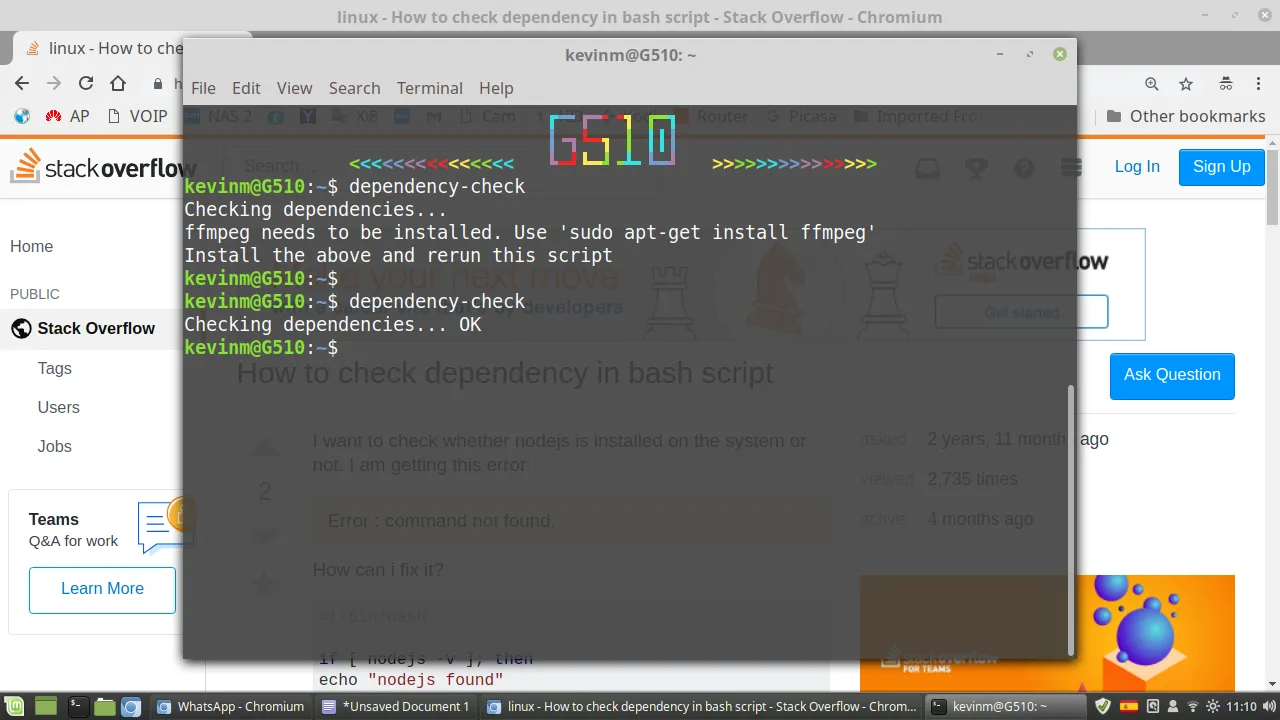 Bash dependency check script screen print