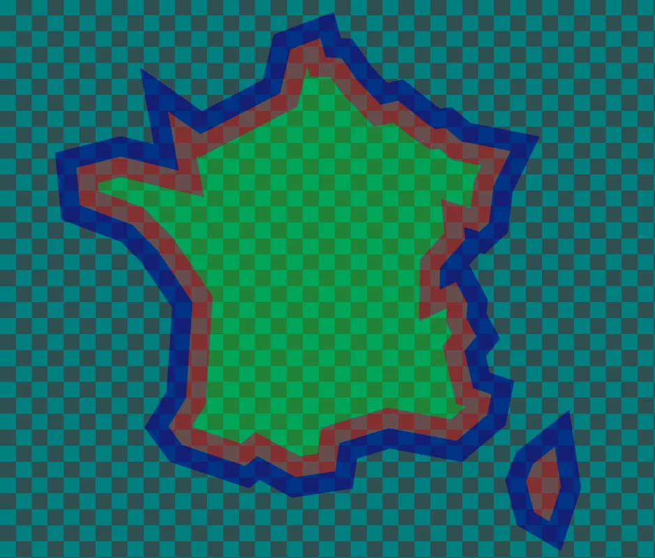 半透明地图图片，覆盖棋盘格图案，描有深蓝和红色线条的大大小小的岛屿轮廓。较大的岛屿内陆填充为绿色。