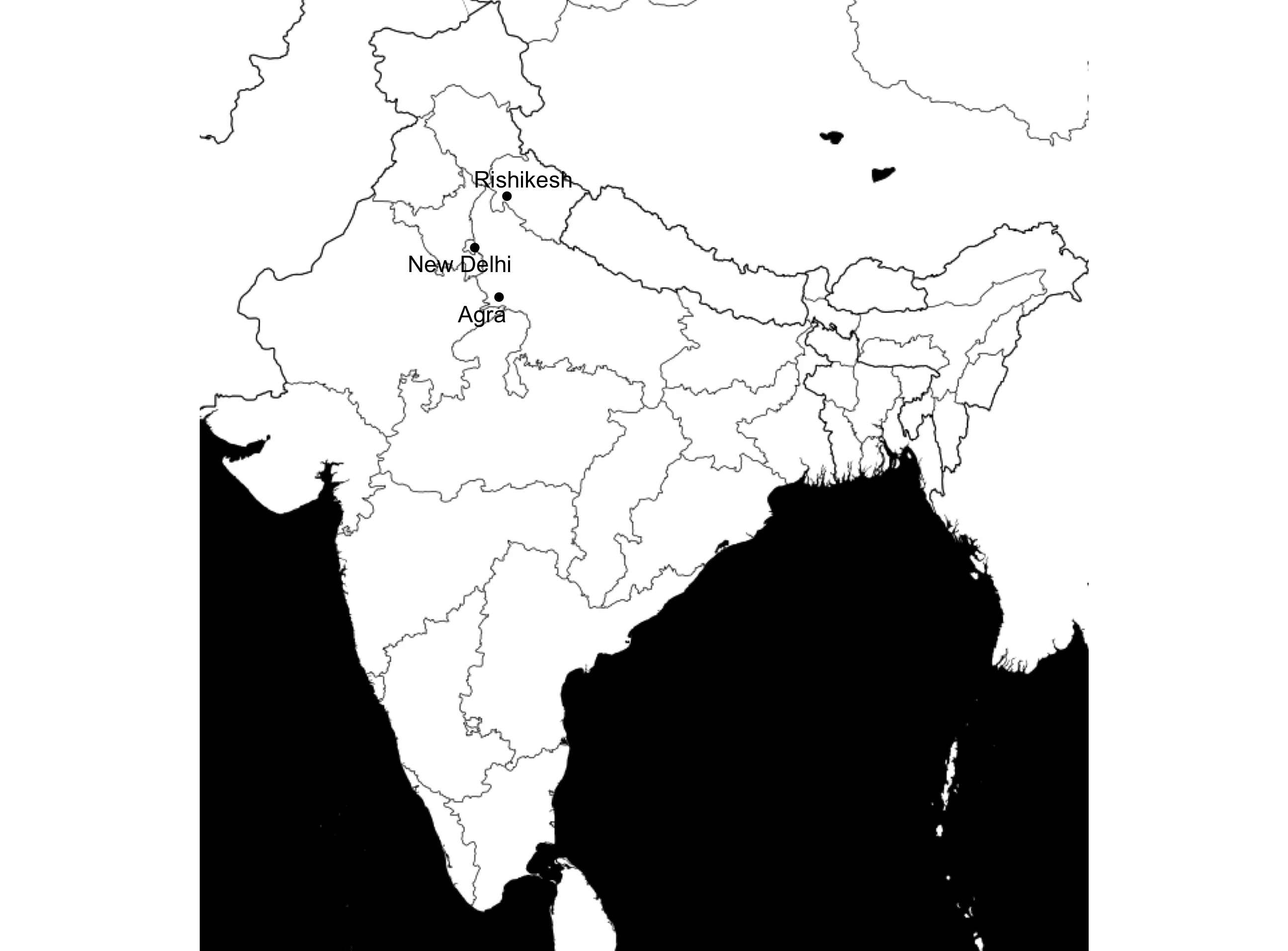 带点和标签的印度地图