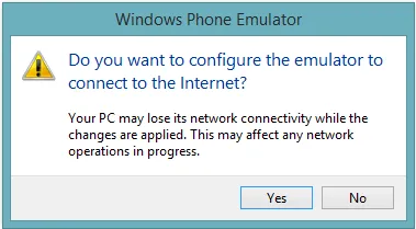 您是否要配置模拟器连接到互联网？更改应用后，您的PC可能会失去网络连接。这可能会影响任何正在进行的网络操作。
