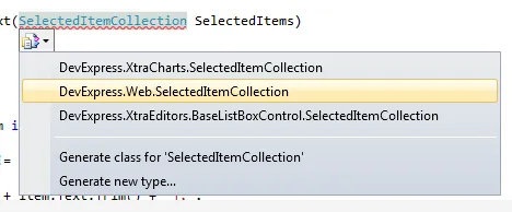 Replace SelectedItemCollection with DevExpress.Web.SelectedItemCollection