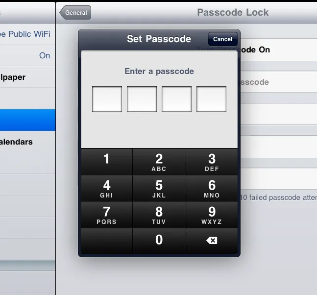 Screenshot of the set-passcode screen from the iPad's System Preferences