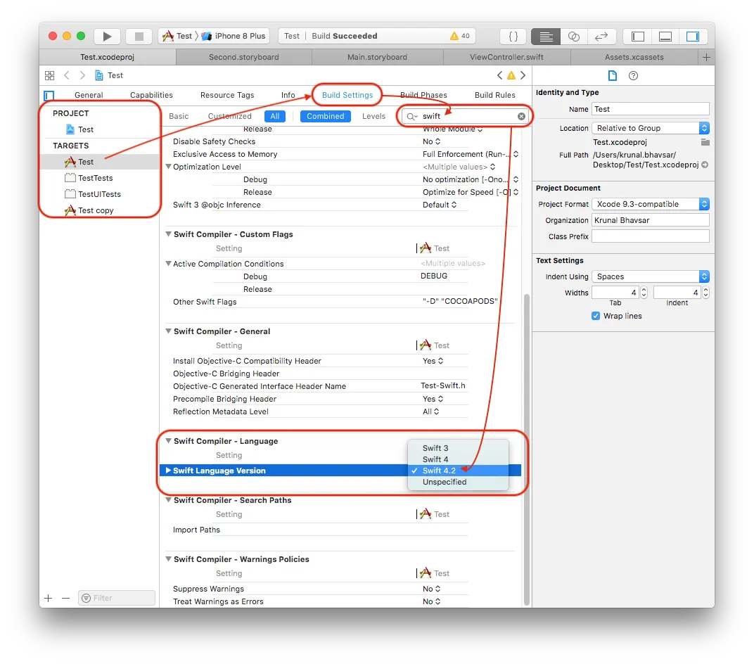xcode with described areas highlighted