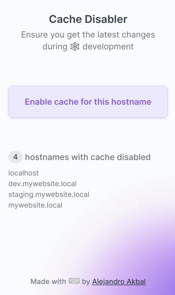 Screenshot of “Cache Disabler” Chrome extension
