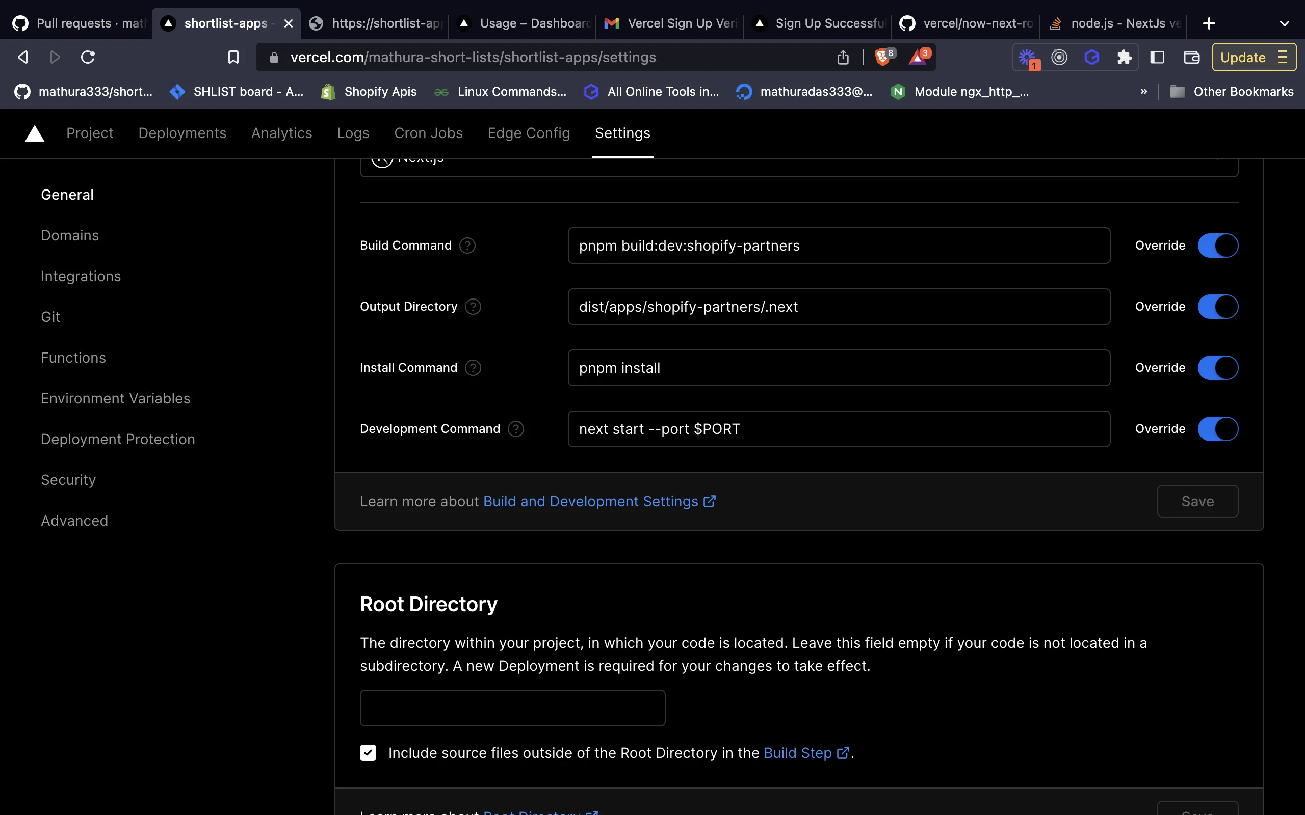 Vercel settings that worked for next js app in nx integrated app