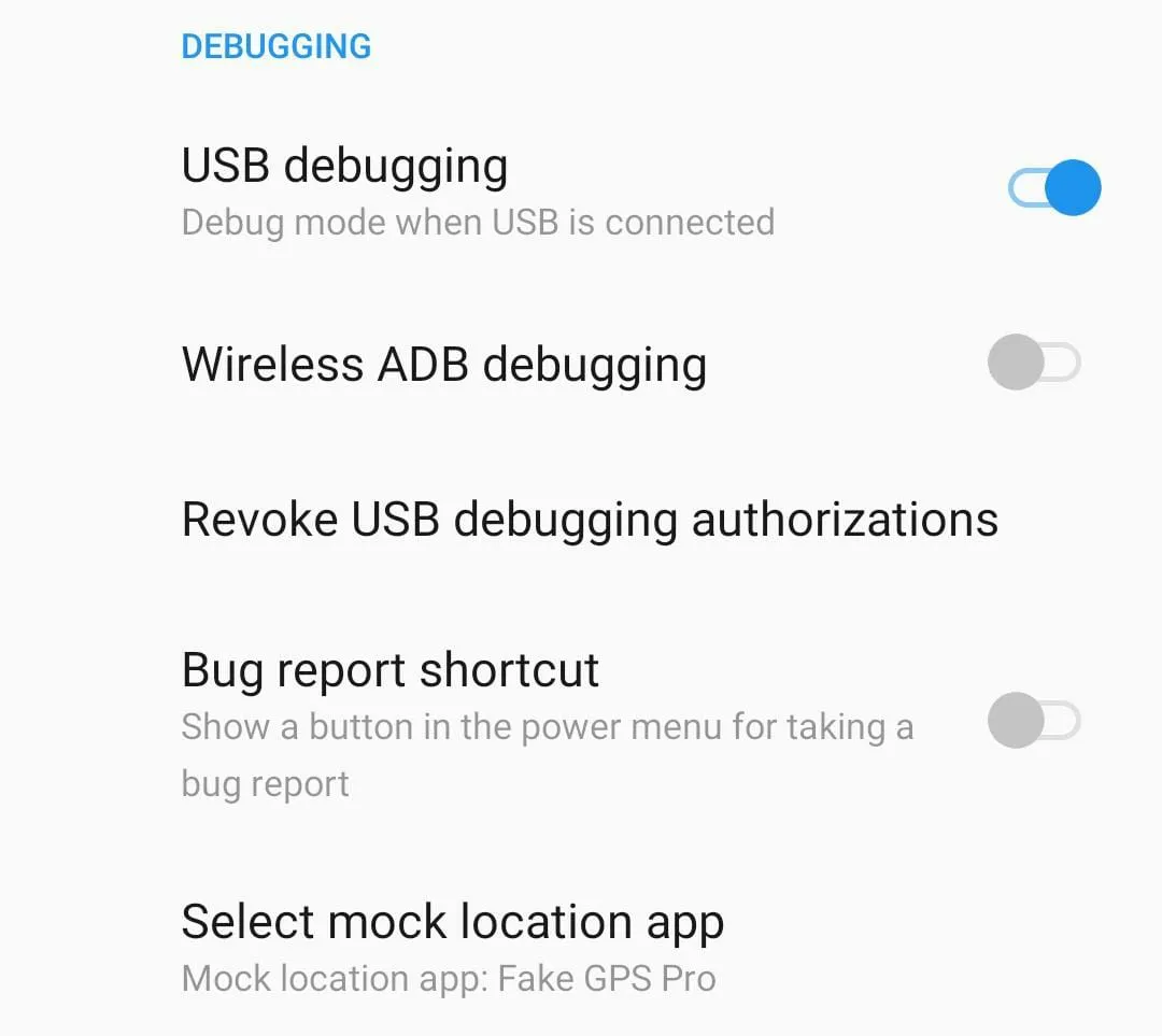 hunk of Android developer options huk