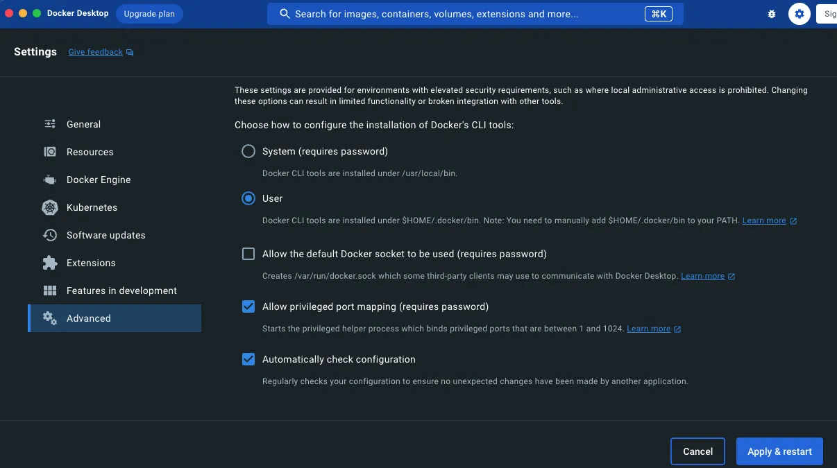 Screenshot of correct Docker settings to apply
