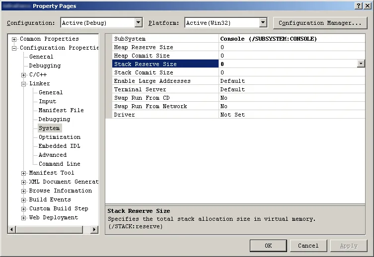 Project → Properties → Configuration Properties → Linker → System → Stack Reserve Size.