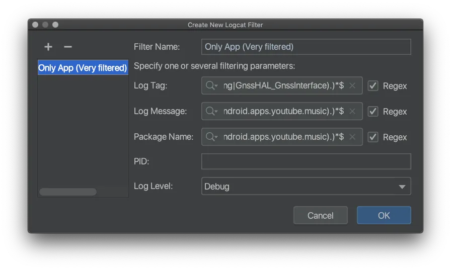 Image of Android Studio Dialog creating a New Logcat Filter