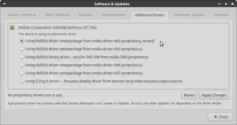 Screen Shot of NVidia Additional Drivers