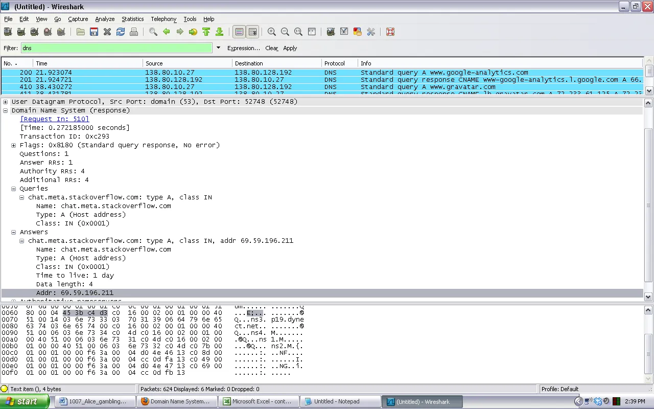 a wireshark trace of a DNS response packet