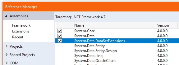 Add reference to System.Data.DataSetExtensions