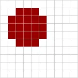 White 10*10 color grid with all pixels inside the circle set to a dark red