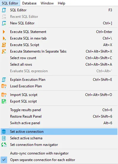 SQL编辑器菜单中已选择设置活动连接的图像