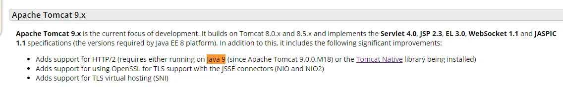 Tomcat 9 supports java 9