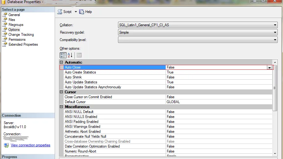 SQL Server 2008 R2中数据库属性窗口中的自动关闭选项