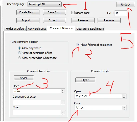 A drop-down select is indicated with a first arrow containing the UDF name; a second arrow points to a checked checkbox that reads "Allow folding of comments"; a third arrow points to the "open" field in in the "comment line" pane; a fourth pair of arrows points to the "open" and "close" fields in the "comment style" pane.; a fifth arrow indicates activating the "undock" button.