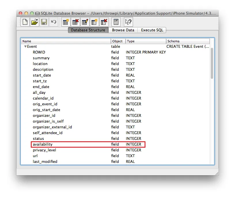 SQLite database screenshot