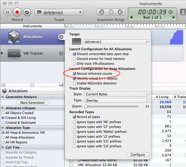 record reference counts in Xcode 5