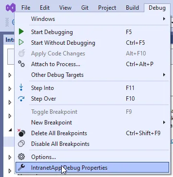 Visual Studio debug menu