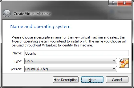 VirtualBox Create Virtual Machine Dialog Example