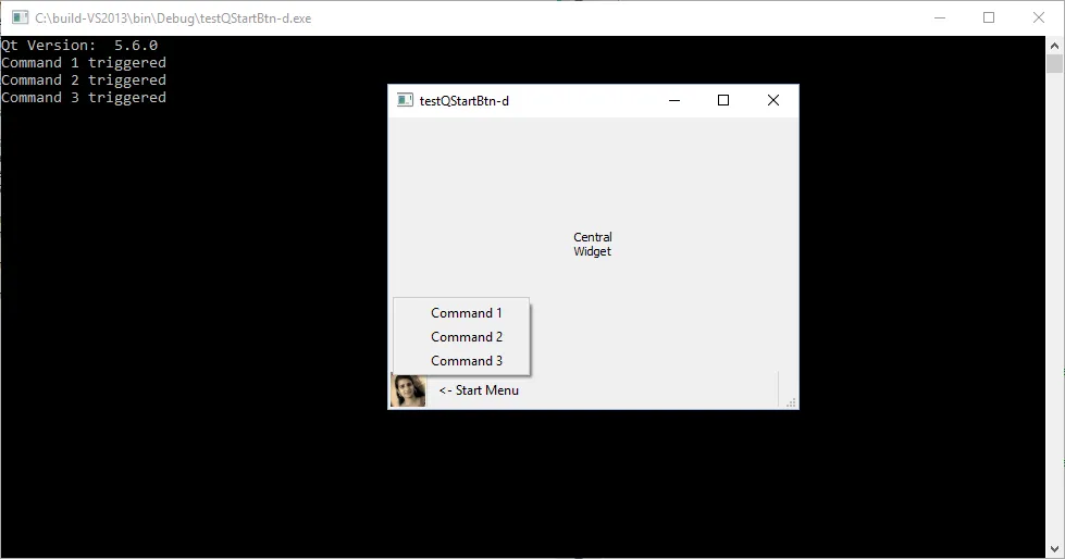 Snapshot of updated testQStartBtn on Windows 10
