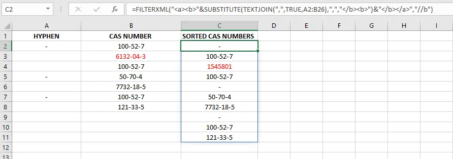 CAS number being incorrectly converted to another number when Sorted (highlighted in red)