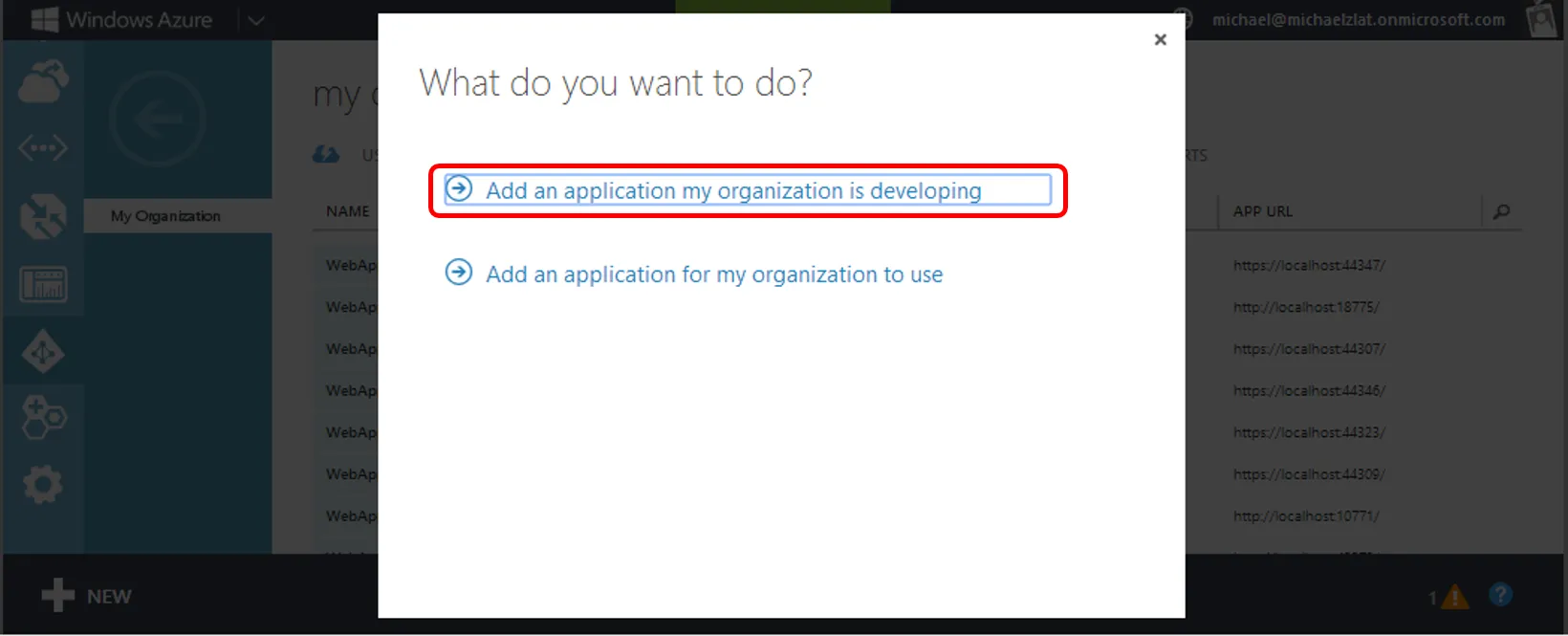选择“添加我的组织正在开发的应用程序”