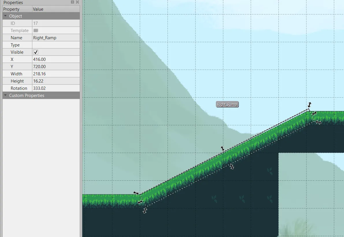 This is the invisible object in the Tiled Map Editor that I want to collide with so I can go up this slope. The angle says 333.02 with respect to the positive x axis (to the right when facing the screen).