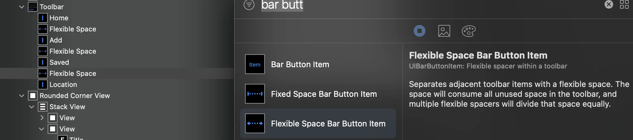 Storyboard Flexible Space Bar Button Item