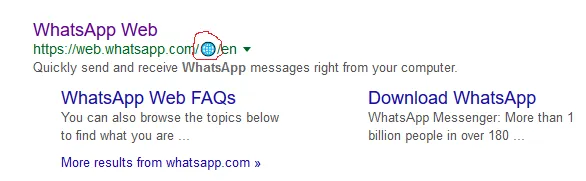 Google Search result of web.whatsapp.com, showing the icon in the URL
