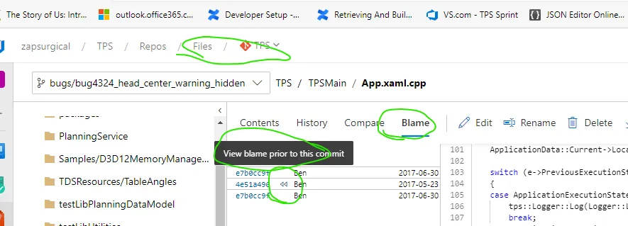 VS Online - View blame prior to this commit