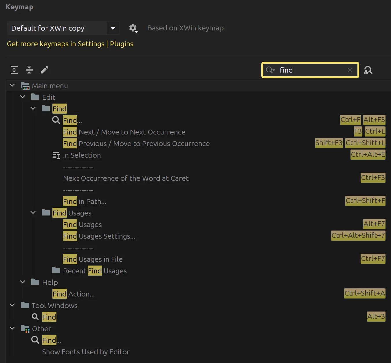 Screenshot of Find shortcuts