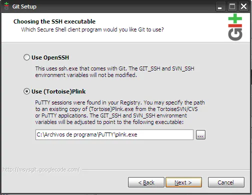 Git Setup Plink option screenshot