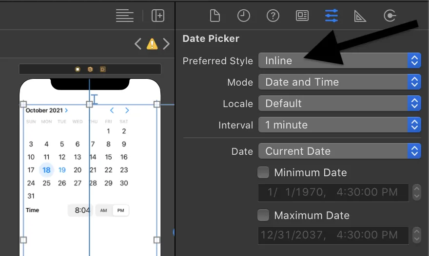 date picker with preferred style as inline