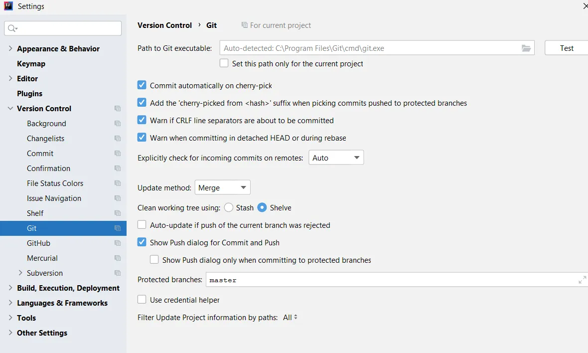 IntelliJ Git Settings