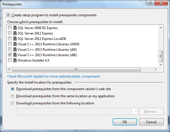 Visual Studio 2013 ClickOnce prerequisite window