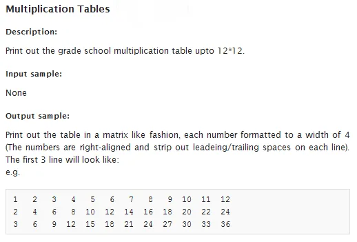 乘法表说明：打印出小学1-12乘法表