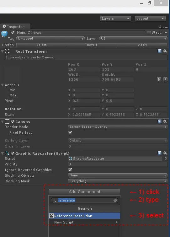 steps to add a reference resolution component in Unity