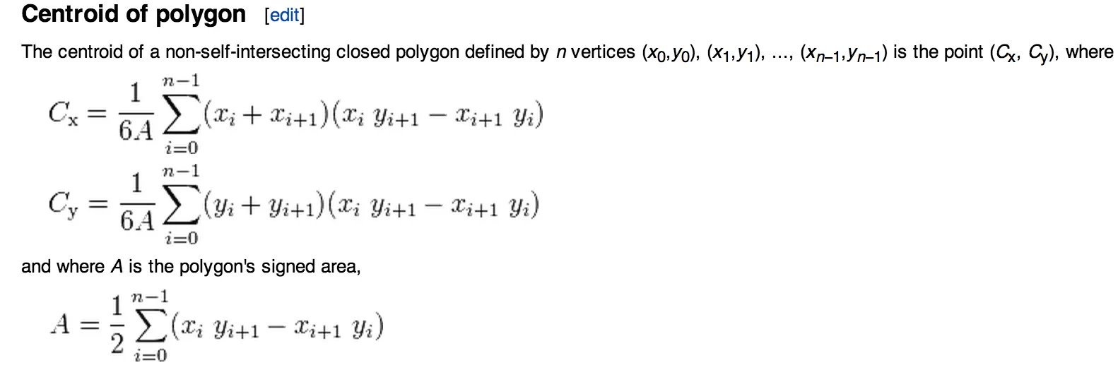 Wikipedia formula for centroid of polygon