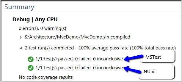 Build log test run output