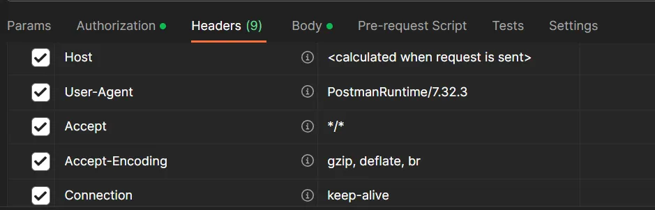 default keys and values within postman(excluding the Authorization key and its corresponding value)