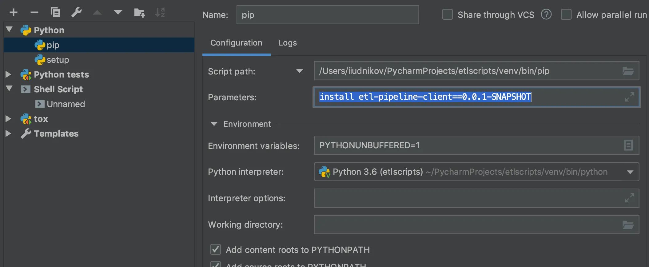 Pycharm run config