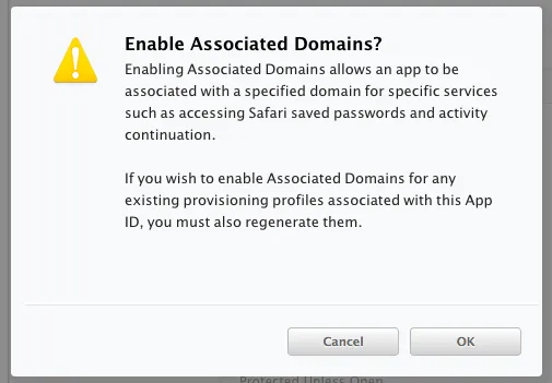Enable Associated Domains dialog