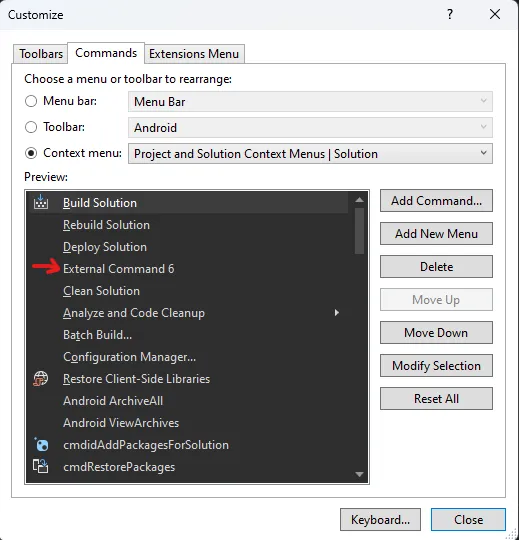 Visual Studio Commands Dialog