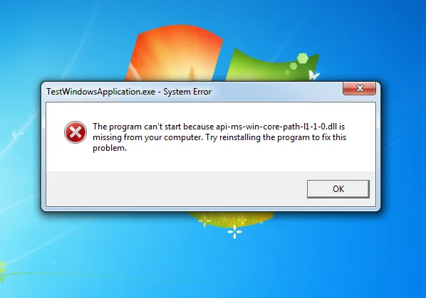 Error message when trying to run the VS 2019 C++ application on Windows 7