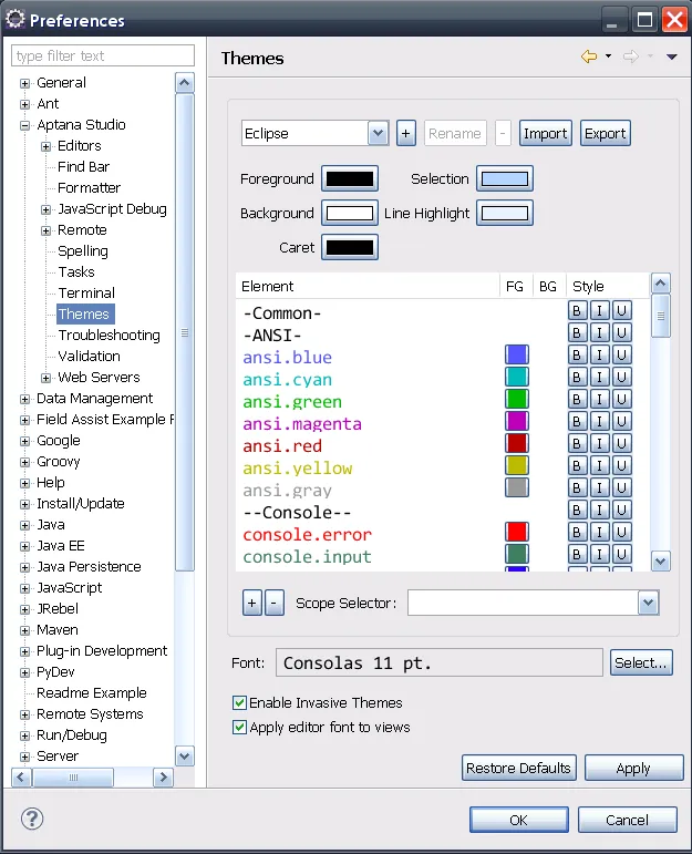 aptana theme preferences