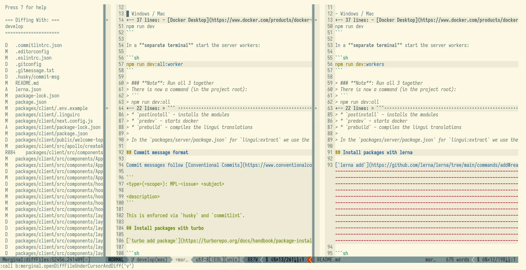 Vim vertical diffsplit of README.md