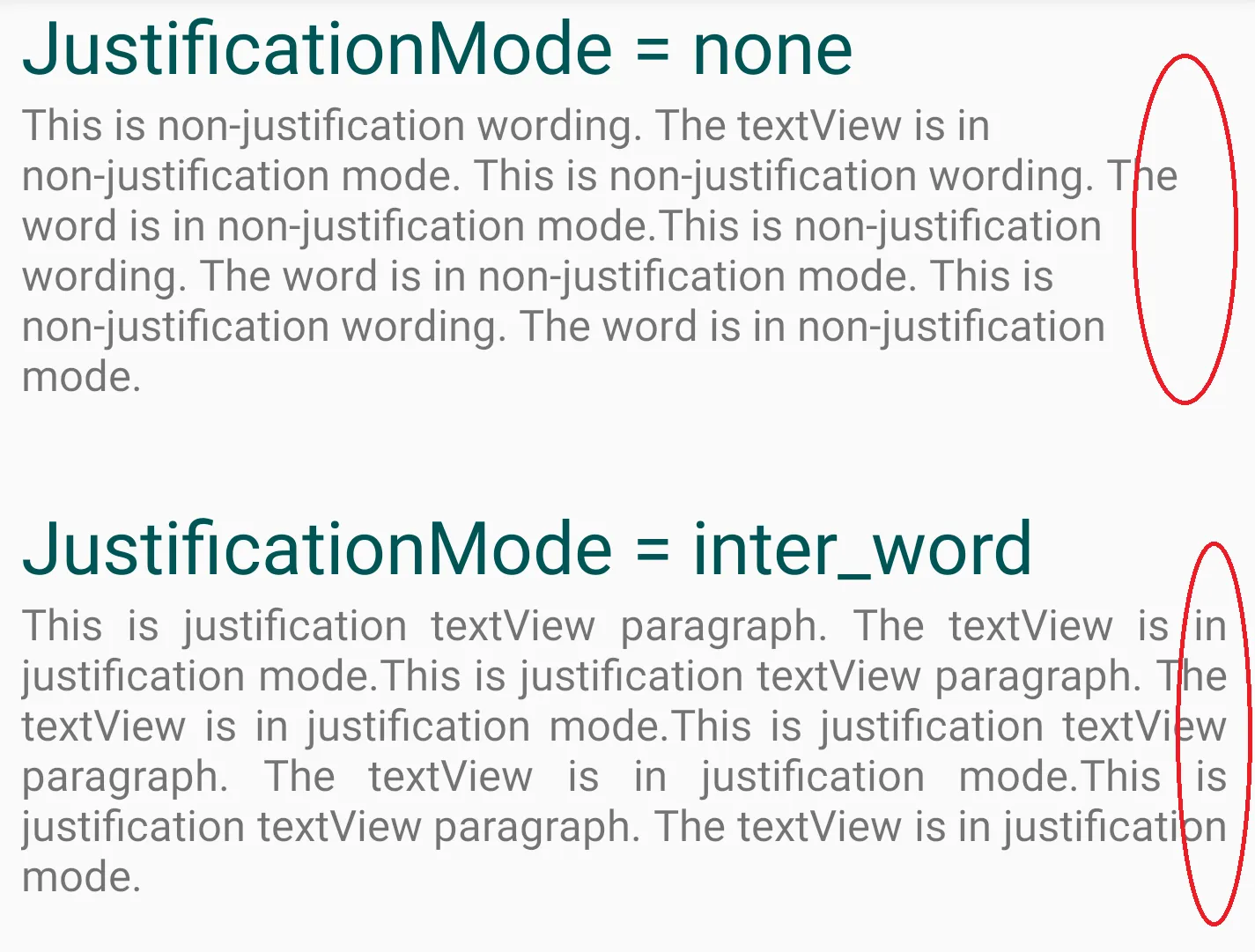 Android TextView JustificationMode none vs inter_word