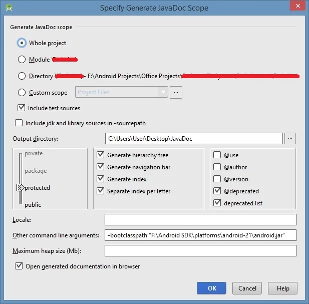 JavaDoc generation screen on Android Studio